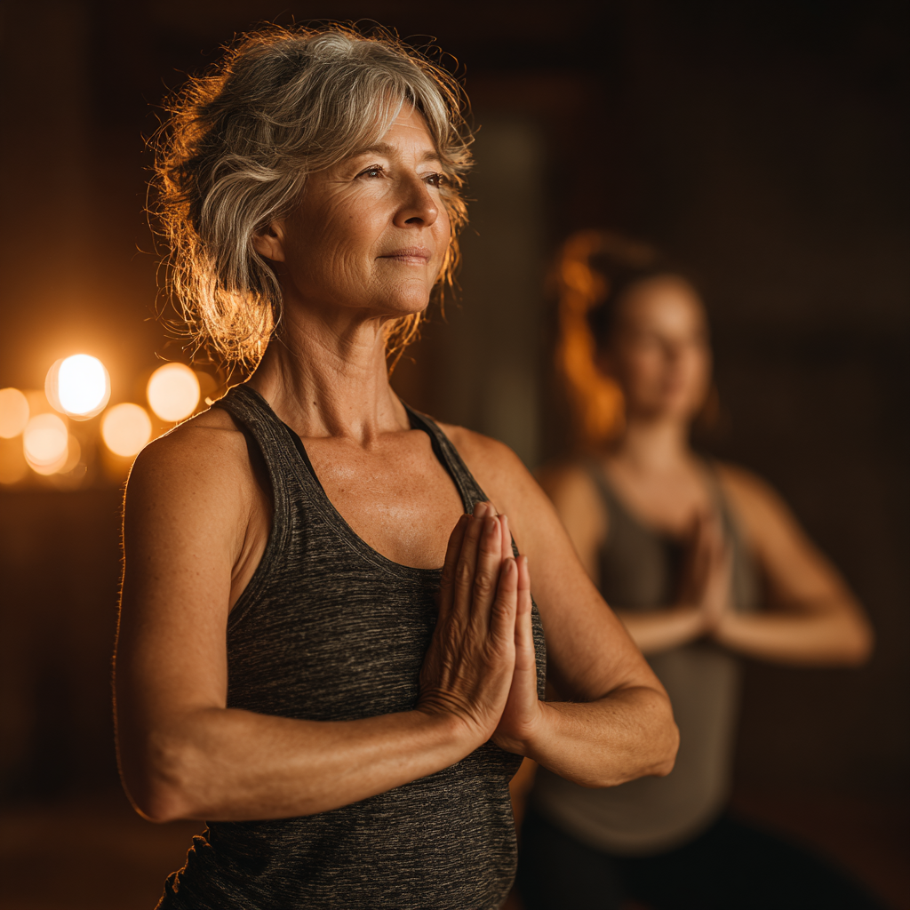 Інструктор йоги 52 років демонструє базову позу гори жінці-новачку 58 років у затишній студії з м'яким освітленням