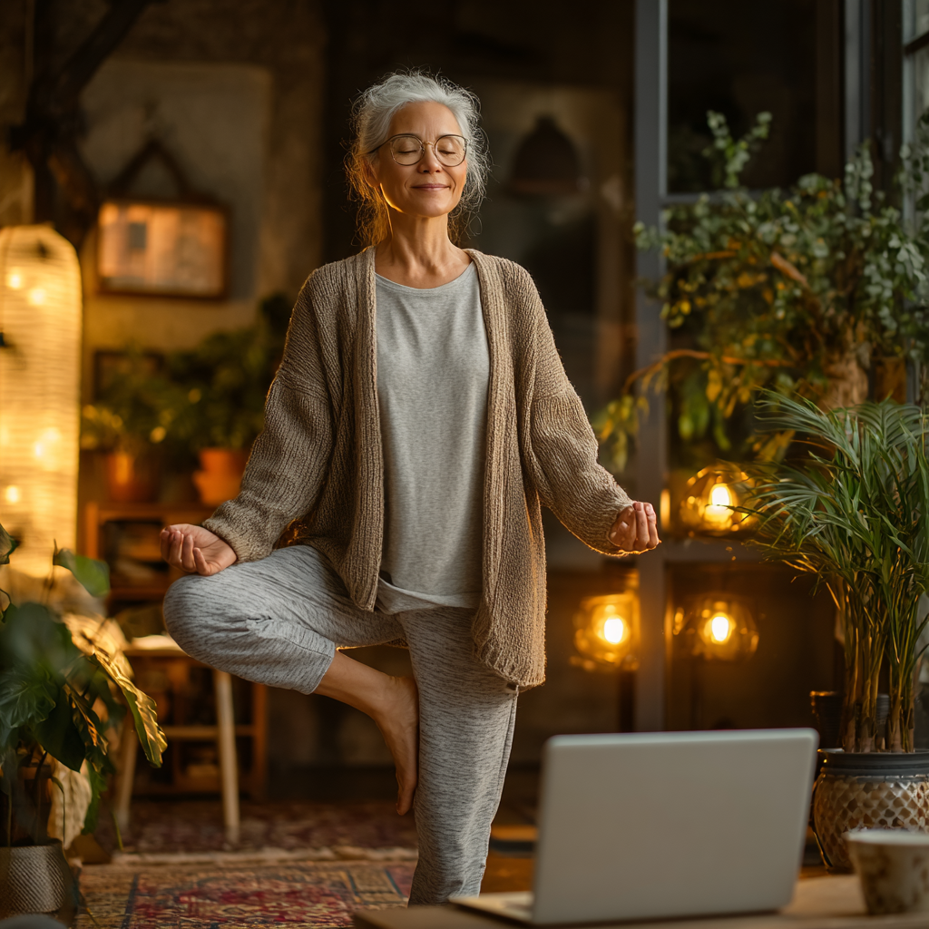 Жінка 57 років практикує йогу вдома перед ноутбуком, виконуючи позу дерева у затишній вітальні з рослинами