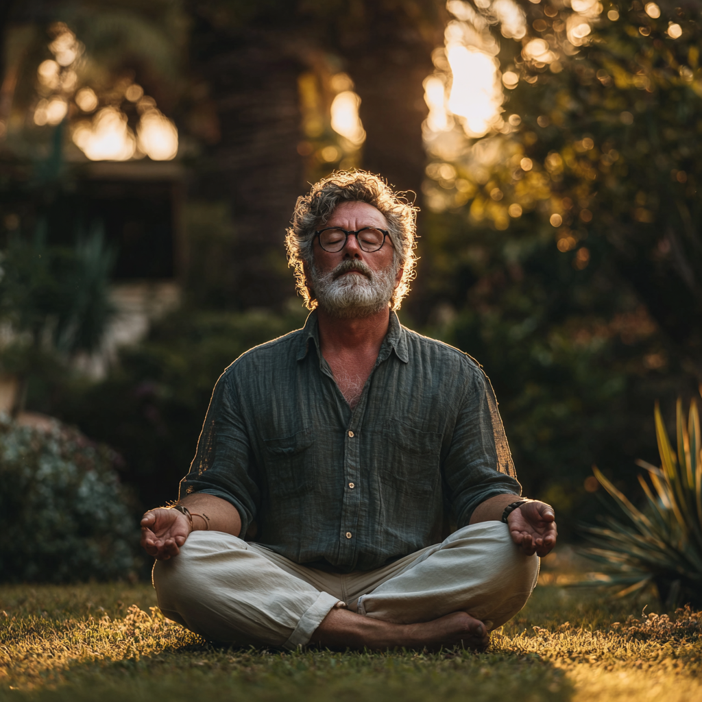 Чоловік 60 років медитує у позі лотоса на природі серед дерев, оточений м'яким ранковим світлом